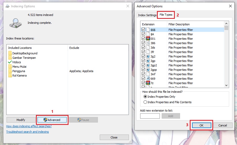 Indexing Options - Advanced