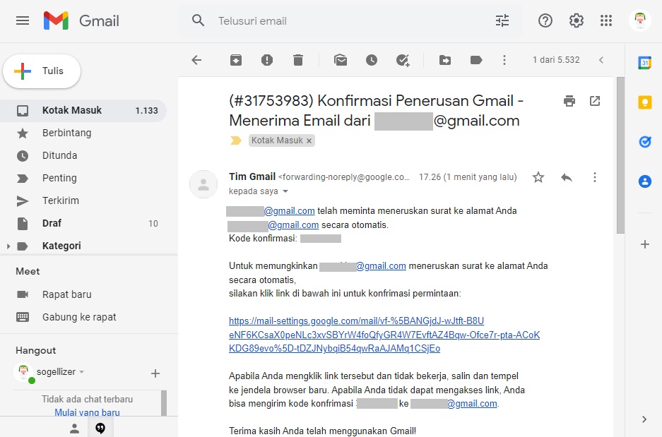 Kode Verifikasi Penerusan Gmail