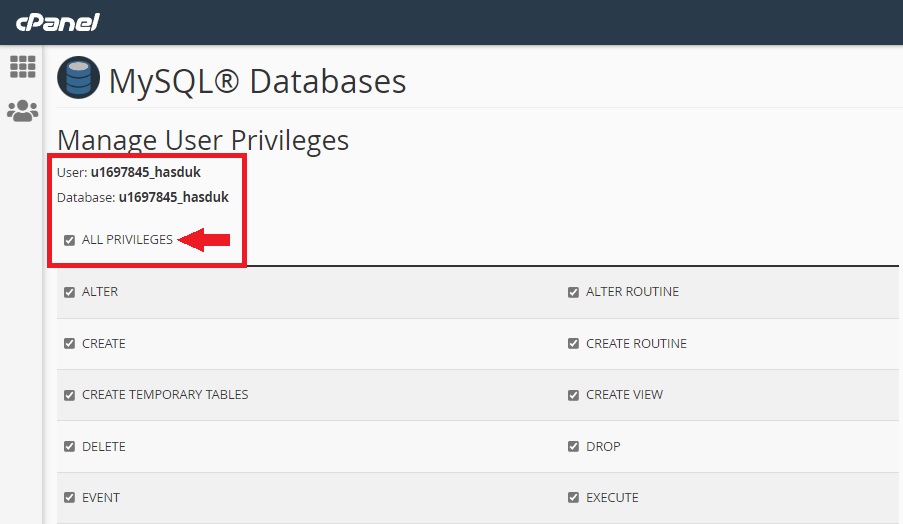 Izin User ke Database